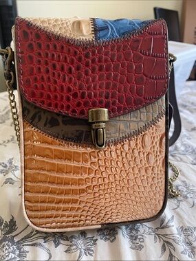 Multi-Color Croc-Embossed Leather Crossbody Bag - Red/Tan/Blue